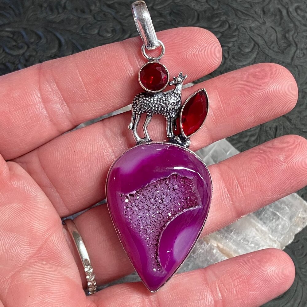 Doe Deer Pendant or Ornament Witchy Fairycore Fantasy Pink Agate Crystal Stone J